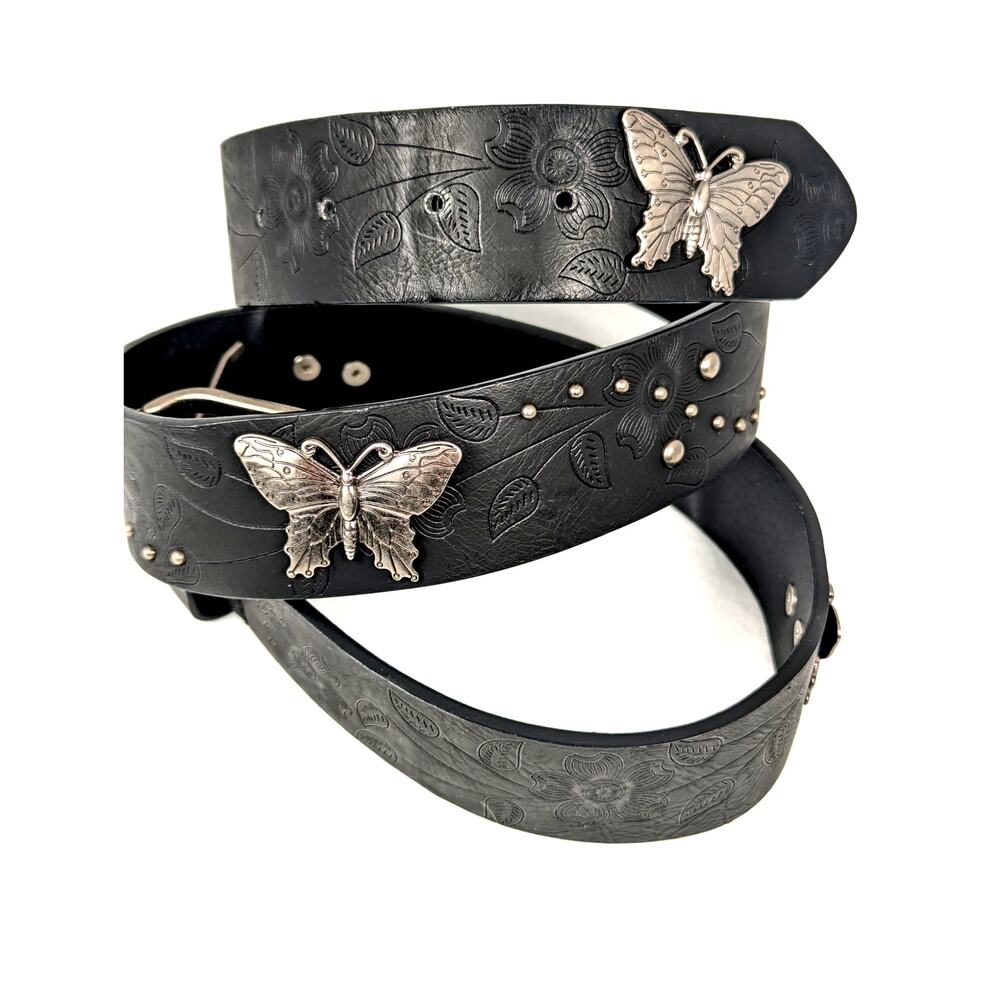 No Boundaries Black Embossed Floral Butterfly Belt Size Large Y2K silver tone - Picture 6 of 9